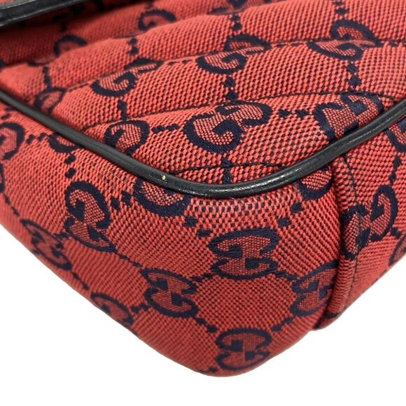 Auth GUCCI GG Marmont Quilting Small Shoulder Bag Red Navy Jacquard - Picture 7 of 14